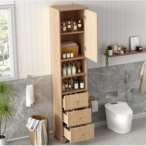 Mobile bagno a colonna moderno in MDF naturale 40x30x172 cm, 3 cassetti, 1 anta, 2 vani a giorno (1/5)