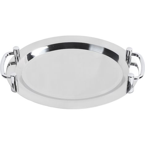 Plateau de service en acier inoxydable, finition miroir brillant, avec poignée, pour hôtel, restaurant, banquet, forme d'œuf (longueur 46 cm)