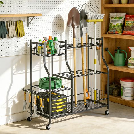 3-stöckiger Gartengeräte-Organizer aus Stahl, 32 Fächer, 4 Rollen, 11 Haken, 104 x 40 x 95 cm, Schwarz