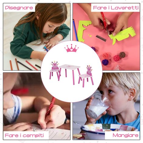 Table princesse enfant avec 2 chaises couronne, ensemble mobilier chambre fille, bois rose doré, assise et dossier ornés, meuble jeu (1/5)