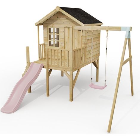 ClassicPlay Premium 5ft Playhouse on Deck with Single Swing and Slide Dusky Pink (1/5)