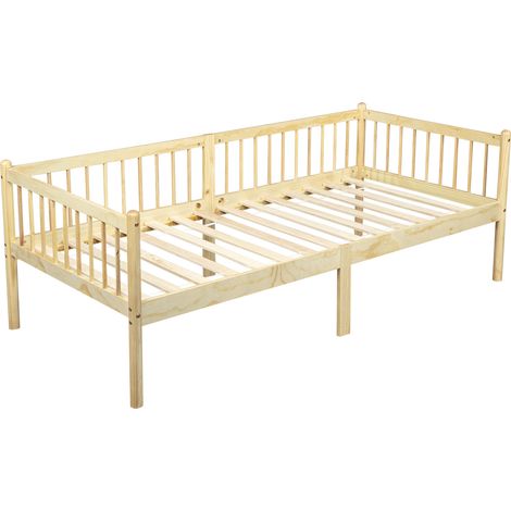Letto da giorno in pino 90x200 cm con sponde a 3 lati e 14 doghe, naturale (1/5)