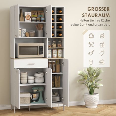 Armoire de cuisine 5 portes avec étagères, compartiments, rangement bouteilles, placard garde-manger en panneaux MDF blanc (1/4)