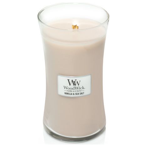 WoodWick Vainilla & Sal Marina vela perfumada blanca