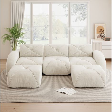 Divano modulare a U 3 posti senza struttura, con 2 pouf, ciniglia beige chiaro, 281 x 171 x 76 cm (1/5)