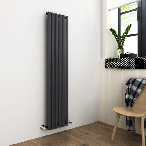 ELEGANT Vertical Column Designer Radiator Anthracite Oval Single Panel Rad 1600 x 354mm + Chrome Thermostatic Radiator Valves (1/5)