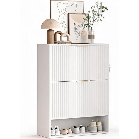 Meuble à chaussures d'entrée étroit 80 cm – 2 tiroirs basculants, étagère ouverte inférieure, crochets latéraux – Rangement moderne gain de place pour couloir ou vestibule – Blanc (1/5)