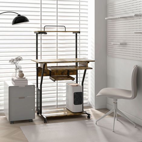 Bureau d'ordinateur roulant avec étagères de rangement, poste de travail et plateau pour clavier, 80x50x130cm, marron (1/5)