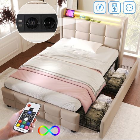 Polsterbett 94,5/220/103,5 cm beige aus Holz und Leinen mit LED, USB und 2 Schubladen (1/5)