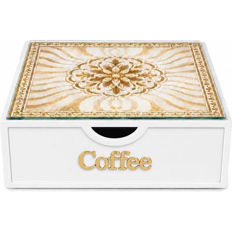 TrAdE Shop Traesio - Cassetto Organizer Porta Capsule Cialde Bianco Coffee Top Vetro Maiolica Oro Divisori 595165 - (1/5)