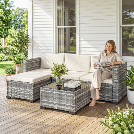 Ensemble de mobilier de jardin en polyrotin, 5 pièces, salon de jardin avec canapé d'angle, tabouret, table, coussins d'assise et de dossier, gris et blanc crème (1/5)