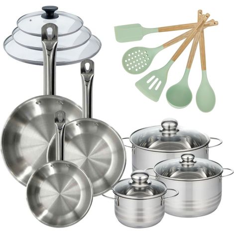 Lot de 3 Poêles 20/24/28cm et 3 Faitouts 16/20/24cm avec couvercles Fackelmann Etherna avec 5 ustensiles (1/5)