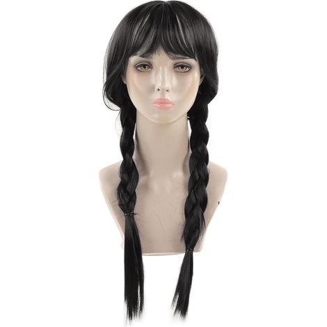 Perruque Longue Noire Tressée avec Frange, Résistante à la Chaleur, Cuir Chevelu Simulé, Ajustable pour Déguisement Cosplay (1/5)