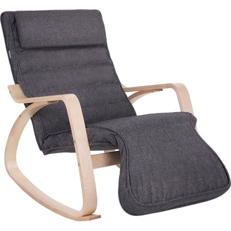 Fauteuil à bascule, Fauteuil berçant en Bois, avec Repose-pied réglable 5 niveaux, Housse amovible lavable, Charge max 150 kg, Dimensions 67 x 125 x 91 cm, Gris foncé (1/5)