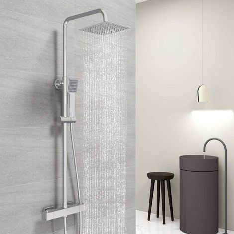 Acezanble Colonne de douche thermostatique chromée avec douche de tête carrée et douchette à main, set de douche de série, système de douche de pluie de salle de bains réglable en hauteur (1/5)