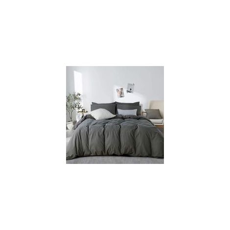Housse de couette 200 x 230 cm coton gris anthracite uni - parure de lit 2 personnes avec fermeture éclair - aspect froissé naturel housse de couette avec 2 taies d'oreiller 65 x 65 cm