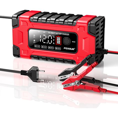 Chargeur de batterie FOXSUR 12 V/24 V 10 A avec grand écran et fonction de réparation intelligente pour voitures et motos (1/5)