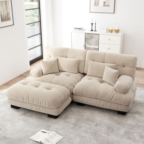 Canapé 2 places, canapé d'angle avec 2 coussins lombaires et 2 coussins décoratifs, repose-pieds, en chenille, marron clair (1/5)