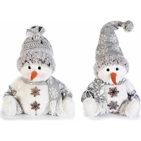 Pupazzi di neve natalizi decorativi con sciarpa, cappello in maglia e bottoncini a fiocco di neve, set da 2 pezzi, cm 20 x 15 x 41 H (seduto)