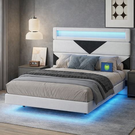 Lit 160x200 avec sommier, lit 2 personnes avec éclairage LED et de deux ports de chargement USB, lits flottant, tête de bed réglable, lits capitonné, lit pour ado, moderne, velours beige (1/5)
