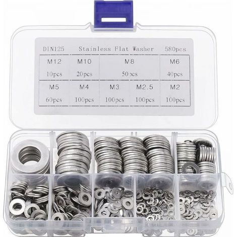 Rondelle Inox avec Boîte de Rangement (Lot de 580) - Assortiment de 9 Tailles M2, M2.5, M3, M4, M5, M6, M8, M10 & M12 - Lot de Rondelles Métal - Réparations, Usines & Décoration Intérieure (1/5)