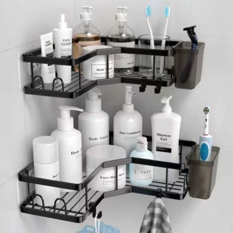 Set di 2 mensole angolari per doccia, ideali per il bagno, senza bisogno di forare, in acciaio inossidabile, con 1 porta dentifricio, 8 ganci e 6 strisce adesive, colore nero.