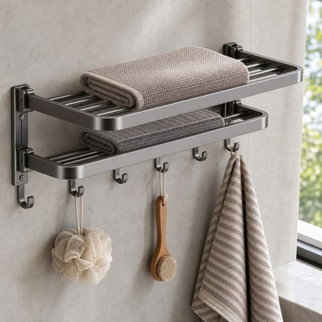 Porte-serviettes Mural 41.5 x 39 cm Inox Gris Fume - Etagere Toilette Salle de Bain (1/4)