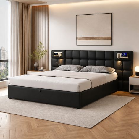 DESMIU Lit coffre 180 × 200 cm 2 places avec USB, chargement sans fil, lampe, sans matelas, en PU, noir (1/5)