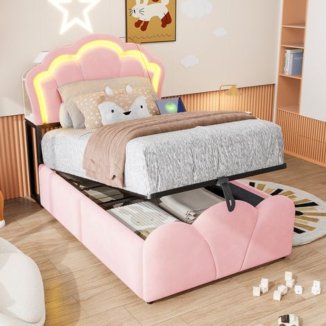Lit capitonné 90x200 cm avec coffre hydraulique, éclairage LED, rangements dans la tête de lit, motif floral, velours et prises intégrées, couleur rose (1/5)