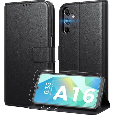 Coque pour Samsung Galaxy A16 5G/4G [ Verre Trempé Protection 1 ] [ Blocage du Signal RFID ] [ Premium PU ] [ Pochette de Portefeuille ] Etui à Rabat pour Samsung A16 5G/4G, Noir (1/5)