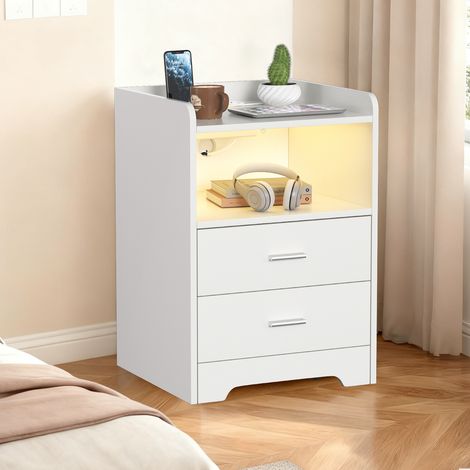 Jiubiaz Nachttisch mit LED-Beleuchtung, moderner Beistelltisch für Schlafzimmer, Bettkonsole mit Ablage Weiß (1/5)