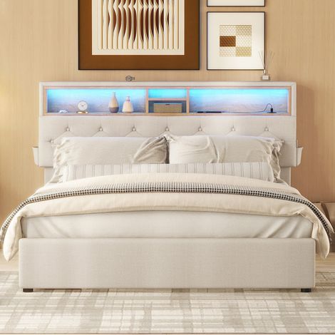 Letto 140 x 200 cm con 4 cassetti, letto per adulti LED, letto imbottito beige con testiera contenitore con ricarica USB (1/5)