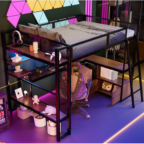 Lit mezzanine 140/200/169,4 cm noir en métal et MDF avec bureau, LED et rangements (1/5)