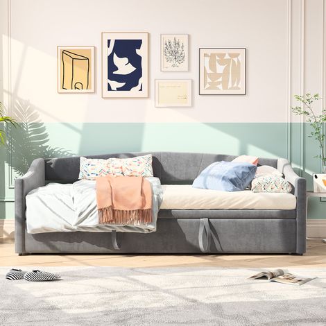 Letto estraibile 90/180 x 200 cm, divano letto allungabile con schienale e braccioli, velluto, grigio