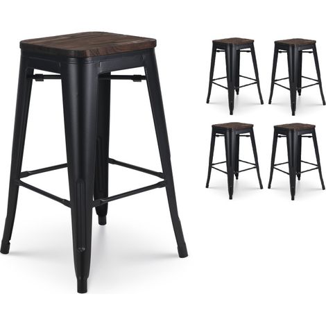 Kosmi - Set mit 4 Barhockern aus mattschwarzem Metall und dunklem Holz - Höhe 66cm