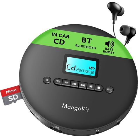 CD-X Lecteur CD Portable, Bluetooth, Rechargeable, Anti-Choc AUX voiture, batterie 12h, lit CD/CD-R/CD-RW/MP3/WMA, charge USB, écouteurs inclus, idéal pour le voyage et les livres audio (1/5)