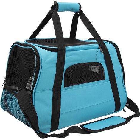 Sac de transport portable, pliable et respirant avec coussin pour animaux de compagnie, idéal pour les promenades et le camping en extérieur (bleu clair). (1/5)
