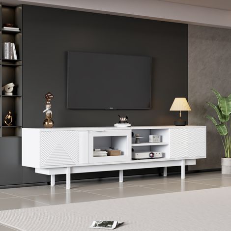 Meuble TV blanc 200 x 40 x 50,5 cm, 2 portes, 2 tiroirs, pour TV 80 pouces OKMYHOME (1/5)