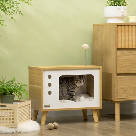Cuccia per gatti PawHut a forma di TV con comodo cuscino e pallina rimbalzante - 50 x 28 x 43 cm