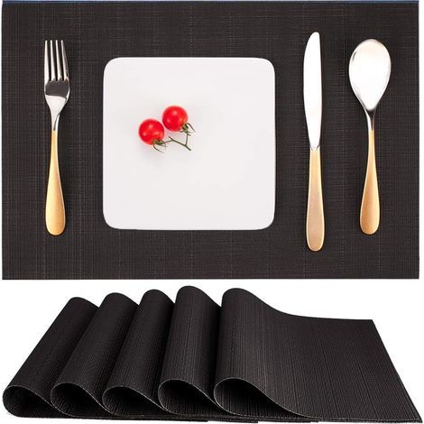 Juego de 6 manteles individuales, lavables, resistentes al calor, antideslizantes, de vinilo PVC tejido para mesa de cocina y comedor, 30x45cm (Negro) (1/4)