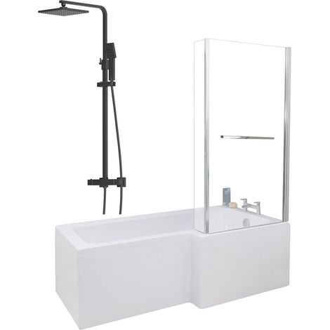 1700mm Bathroom L Shaped Bath Mixer Shower Screen RH White with Front Panel (1/5)