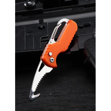 Tragbares Klappmesser für Outdoor-Camping, schnelles Einpacken, Geschenk, Schlüsselanhänger, gezahnter Haken, Überlebenswerkzeugset (orange, 1 Stück) (1/5)