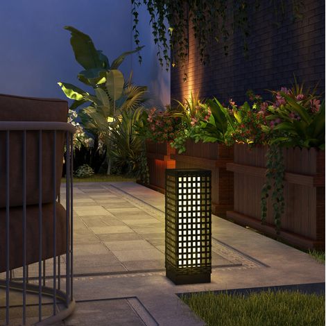 Lampada solare da esterno 15.5x15.5x46 cm, luce LED automatica, effetto rattan, acciaio e rattan, nera (1/5)