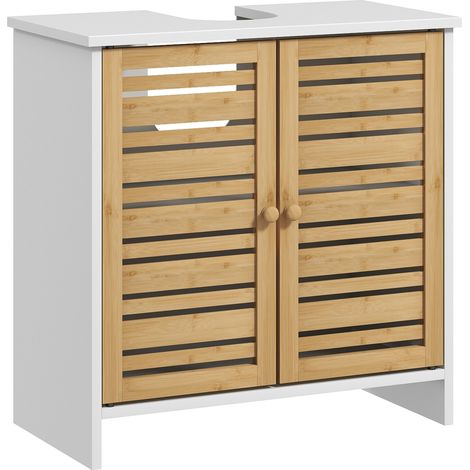 Meuble sous lavabo salle de bain 2 portes avec étagère ajustable, armoire de rangement bambou blanc 60x30x60 cm (1/5)