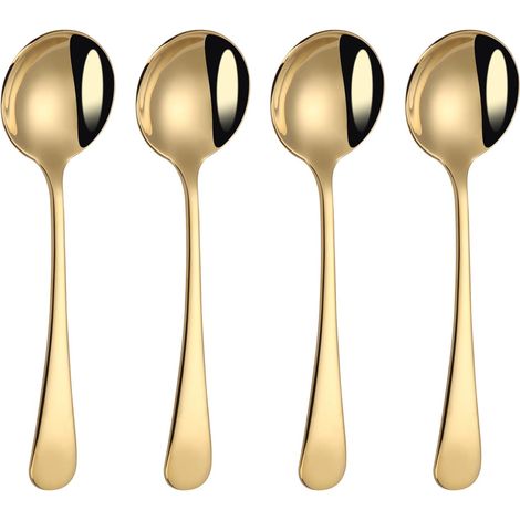 Cuillère À Soupe Ronde - Acier Inoxydable 304 - Bol Profond - Finition Miroir - Lavable En Lave-Vaisselle - Or - Lot De 4 (1/5)
