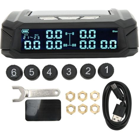 Sistema TPMS inalámbrico alimentado por energía solar para camiones de 6 ruedas: incluye 6 sensores, visualización en tiempo real, compatible con autocaravanas y furgonetas ligeras. (1/5)