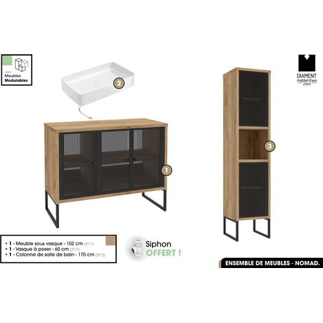 Ensemble complet de salle de bain - Meuble - Colonne - Vasque avec Siphon OFFERT NOMAD OAK 102 x 80 x 43 cm (1/5)