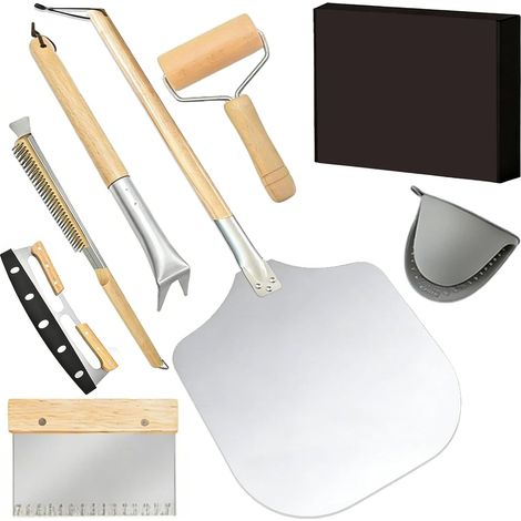 7PCS Kit de Préparation de Pizza Spatule, Brosse, Retourne, Roulette, Rouleau à Pâtisserie, Coupe-Pâte, Gants Résistants à Chaleur (1/5)
