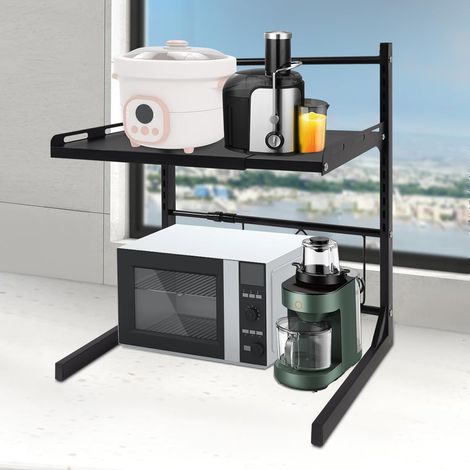 Doppelstock Mikrowellen Regal verstellbar 39‑62×33×59cm, mit Hängehaken, platzsparend stabil für Küche, Kaffeemaschine & Haushalt (1/5)