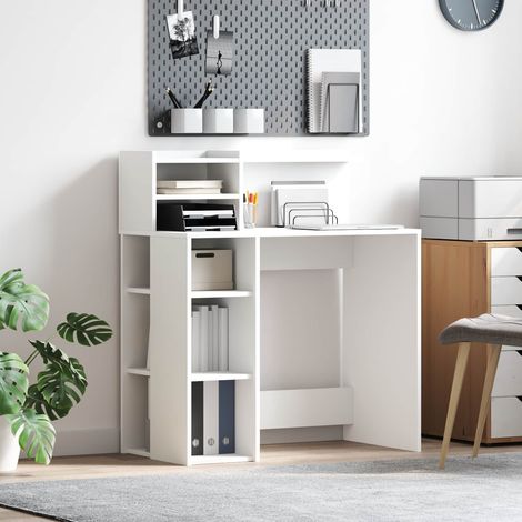 Bureau blanc avec étagères pour télétravail, bois d’ingénierie, 90 x 48 x 101,5 cm - PANGIVO (1/5)